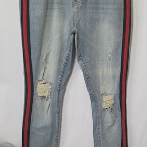 Serenade Jeans Mens 38 Light Wash Distressed Red/Black Stripe Slim Fit Denim
